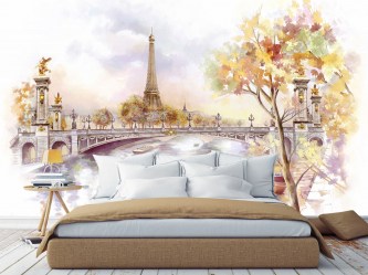 Фотообои Париж (живопись) в интерьере спальни